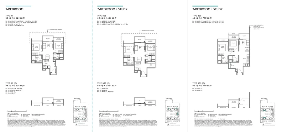 Lucerne Grand 2-bedroom & 2-bedroom + study floor-plan spread, brochure PDF page 20