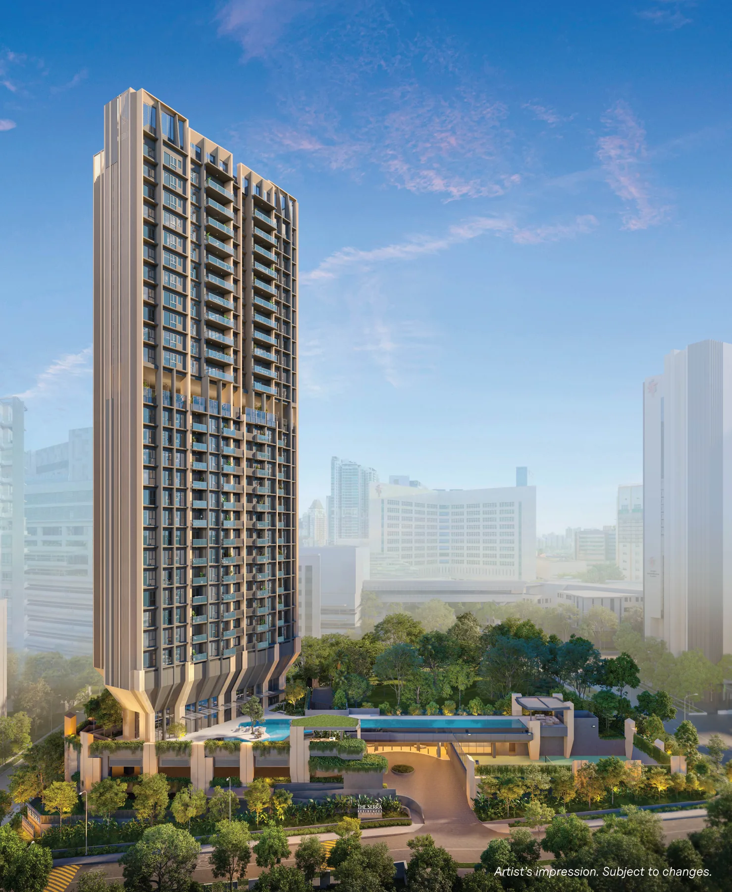The Serra Residences tower and landscaped grounds, artist’s impression