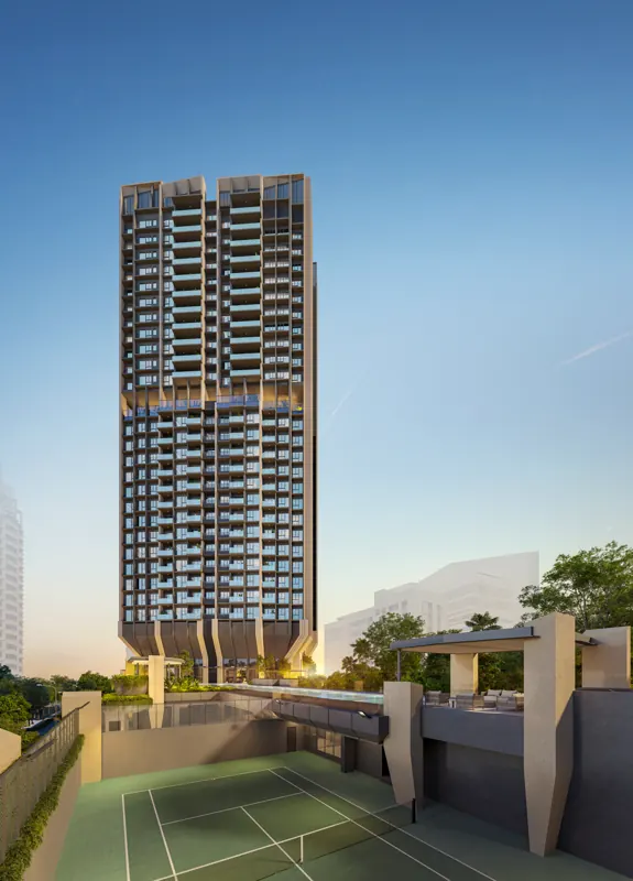 The Serra Residences tennis court and tower, artist’s impression