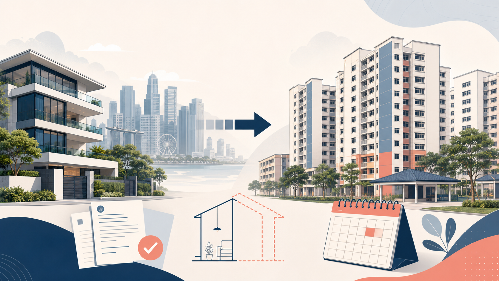 Editorial illustration showing a move from private housing to a Singapore HDB resale flat