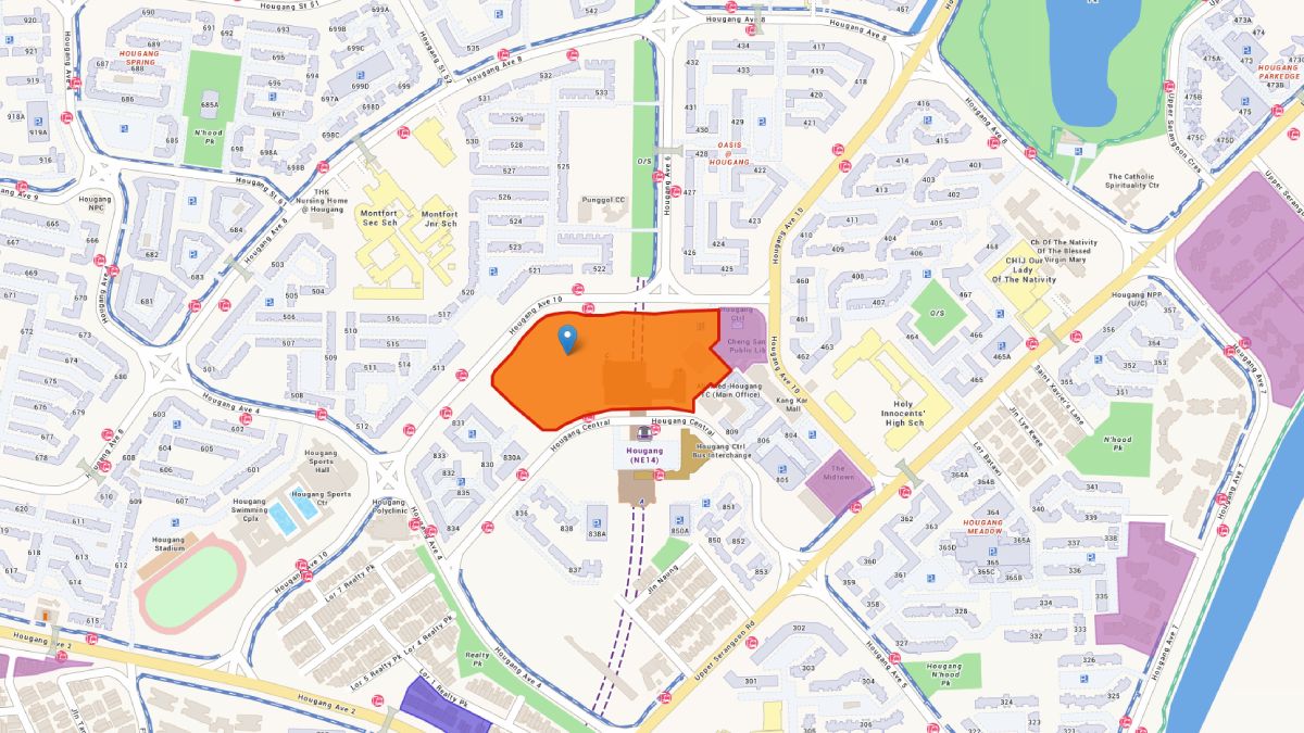 ERA Research location map showing the Hougang Central GLS site beside Hougang MRT, Hougang Mall, bus interchange and surrounding schools