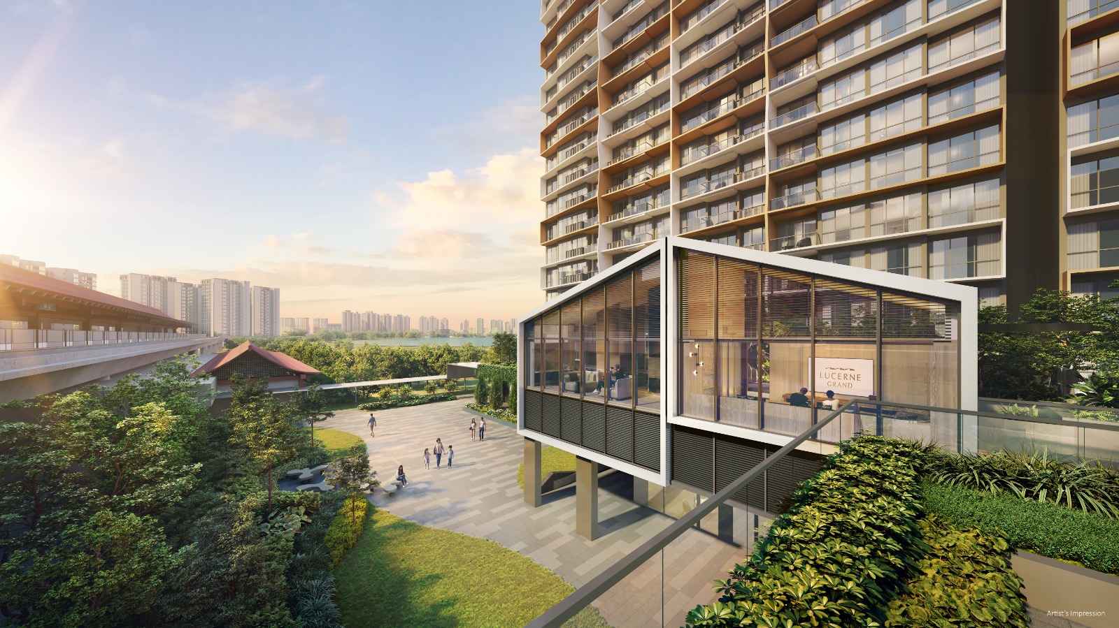 Artist's impression of Lucerne Grand's elevated clubhouse and landscaped arrival area