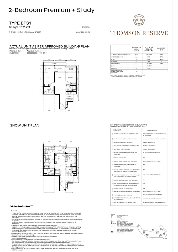 Thomson Reserve show unit layout: 2-bedroom Premium + Study - Type BPS1 - 732 sq ft