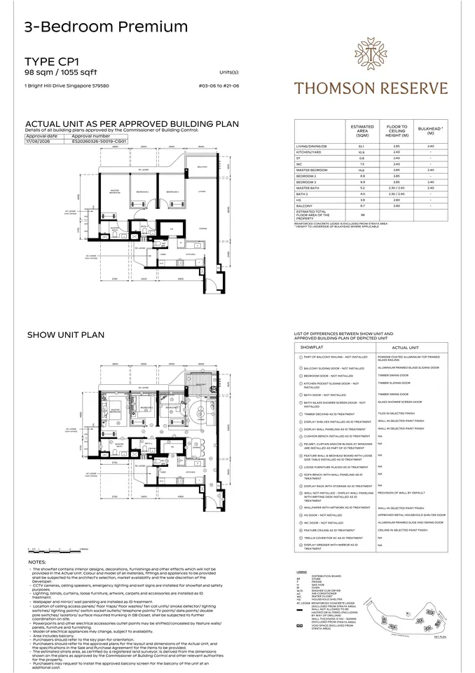 Thomson Reserve show unit layout: 3-bedroom Premium - Type CP1 - 1,055 sq ft