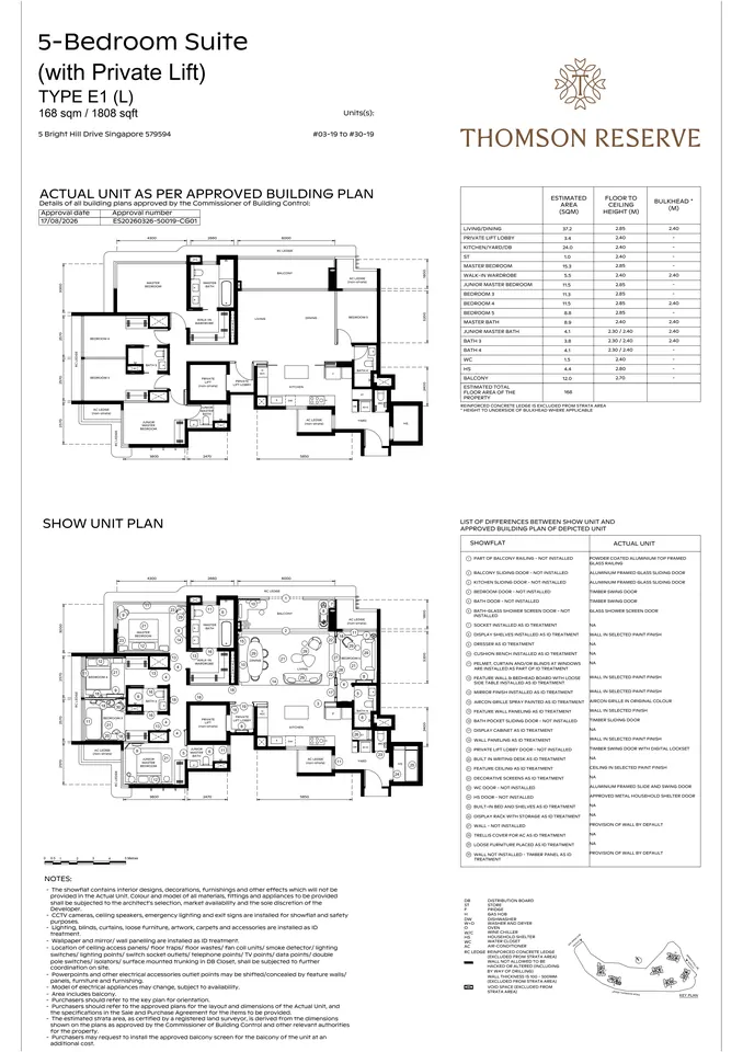 Thomson Reserve show unit layout: 5-bedroom Suite with private lift - Type E1(L) - 1,808 sq ft